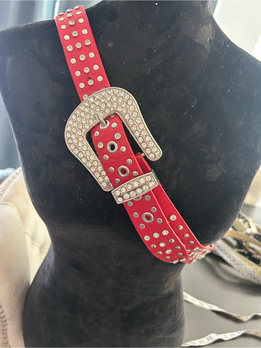 Red leather/Crystal Western Buckle Belt - Women Accessories